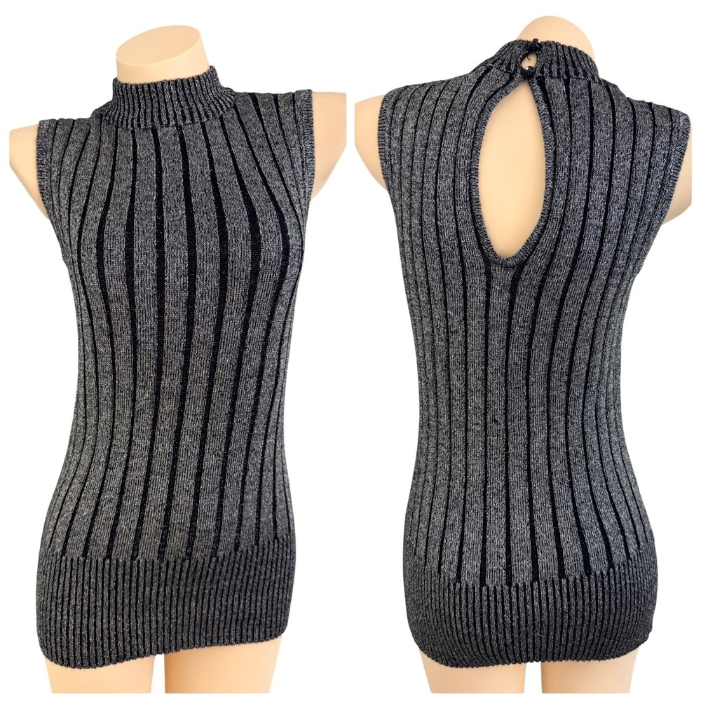 Vtg Y2k Silver Metallic Ribbed Knit Top Sz S Bodycon Sleeveless Sexy